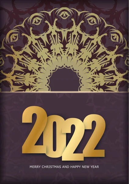 2022 Merry Christmas Burgundy Color Flyer Template Luxury Gold Pattern — Stock Vector