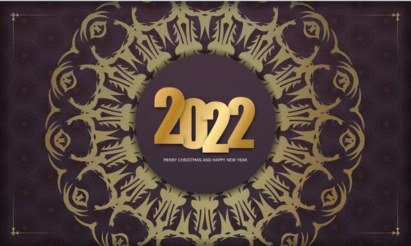 2022年快乐新年勃艮第彩色传单模板与抽象的金饰 — 图库矢量图片