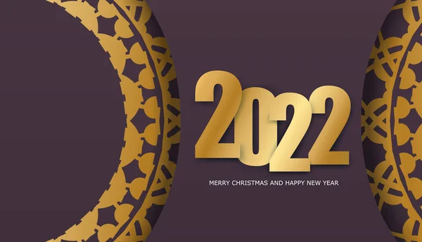 テンプレートグリーティングパンフレット2022メリークリスマスとヴィンテージゴールド装飾とハッピーニューイヤーバーガンディ色 — ストックベクタ