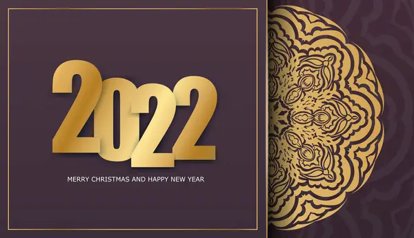 Holiday Flyer 2022 Buon Natale Colore Bordeaux Con Ornamento Oro — Vettoriale Stock