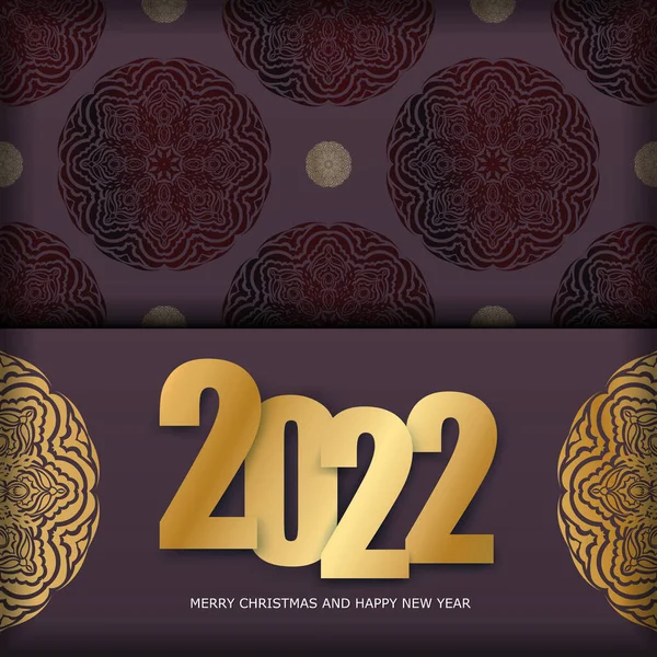 Postkartenvorlage 2022 Frohe Weihnachten Weinrote Farbe Mit Vintage Goldmuster — Stockvektor