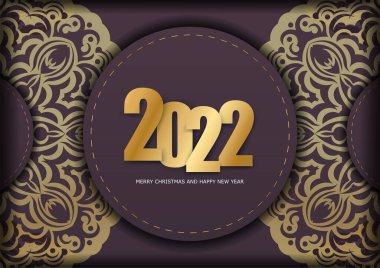 Şablon Kutlama Broşürü 2022 Mutlu Noeller ve soyut altın süslemeli yeni yıl şarap rengi