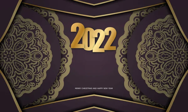 Брошюра Поздравления 2022 Новым Годом Бургундский Цвет Винтажным Золотом Узор — стоковый вектор