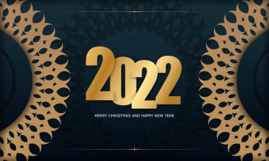 2022 Tatil Kartı Mutlu Noeller ve Koyu Mavi 'de Eski Altın Süslü Mutlu Yıllar