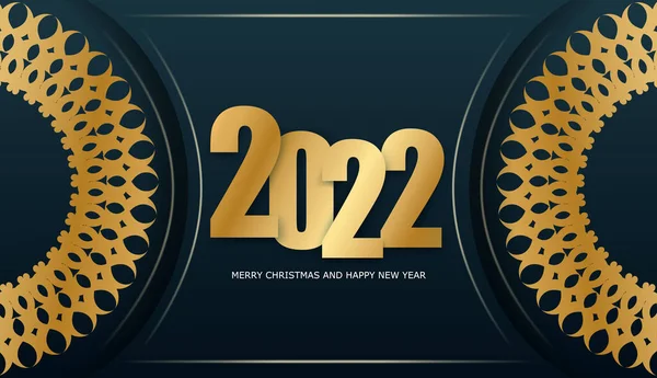 2022 Postcard Merry Christmas Dark Blue Vintage Gold Pattern — Stock Vector