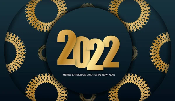 2022 Cartolina Buon Natale Blu Scuro Con Ornamento Oro Vintage — Vettoriale Stock