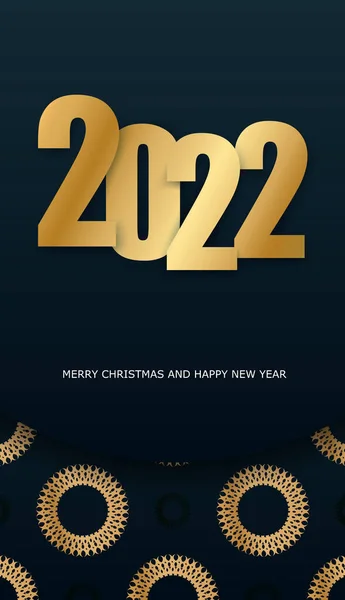 2022 Brochure Buon Natale Blu Scuro Con Ornamento Oro Vintage — Vettoriale Stock