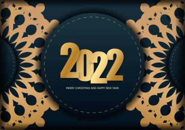 Kutlama kartı şablonu: 2022 Mutlu Noeller ve koyu mavi, klasik altın desenli yeni yıl.