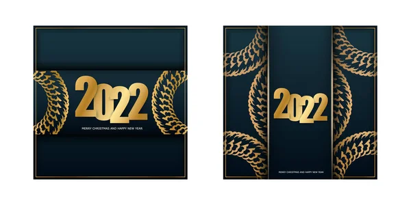Feestelijke Brochure 2022 Gelukkig Nieuwjaar Donkerblauwe Kleur Met Abstract Goudpatroon — Stockvector