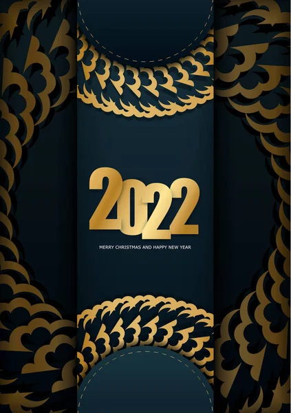 Festive Flyer 2022 Bonne Année Bleu Foncé Avec Ornement Vintage — Image vectorielle
