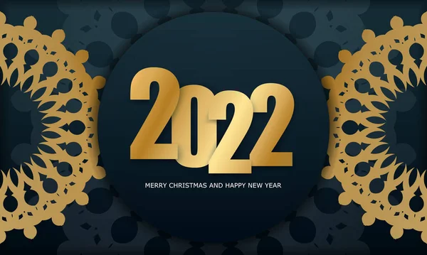 Поздравительная Открытка 2022 Рождеством Христовым Темно Синий Винтажным Золотым Орнаментом — стоковый вектор