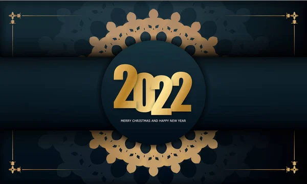 Template Üdvözlőlap 2022 Boldog Évet Sötétkék Színű Vintage Arany Minta — Stock Vector