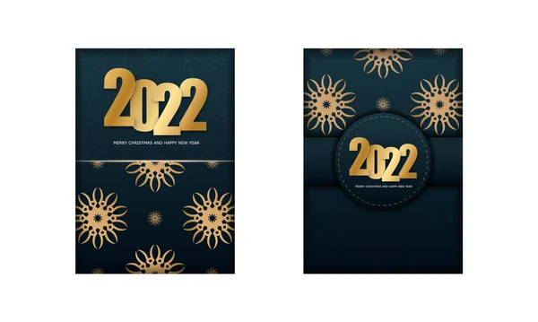 2022 Briefkaart Vrolijk Kerstfeest Gelukkig Nieuwjaar Donkerblauw Met Winter Gold — Stockvector