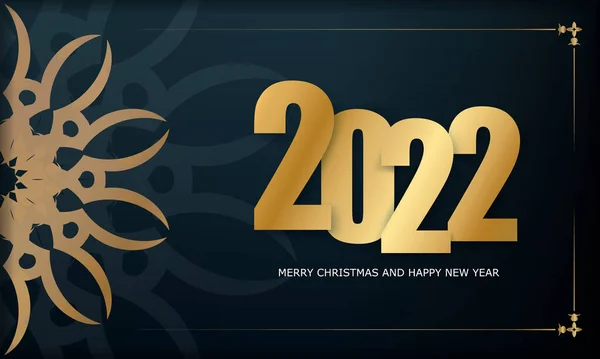 2022 Brochure Vrolijk Kerstfeest Gelukkig Nieuwjaar Donkerblauw Met Wintergoud Patroon — Stockvector