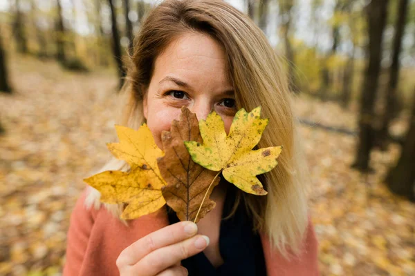 Femeie Tânără Care Ține Frunze Galbene Toamnă Pădure — Fotografie, imagine de stoc