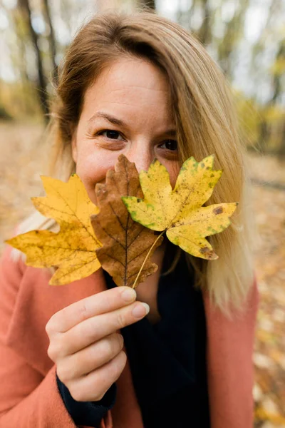 Young Woman Holding Yellow Autumn Leaves Forest Stock Photo