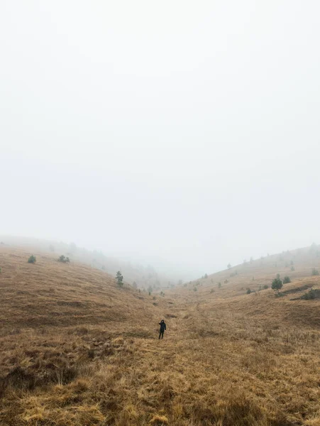 Jovem Explorando Natureza Uma Manhã Chuvosa Inverno Nas Montanhas — Fotografia de Stock