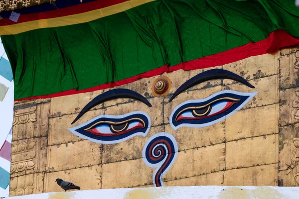 Occhi Sapienti Buddha Swayambhunath Kathmandu Nepal Che Uno Dei Patrimoni — Foto Stock