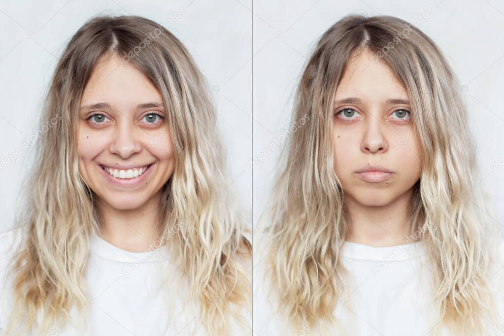 Two portraits of a caucasian beautiful blond girl with wavy hair in a white t-shirt: sad and cheerful. Before and after. A smile affects appearance. Real sincere emotions. Isolated white background