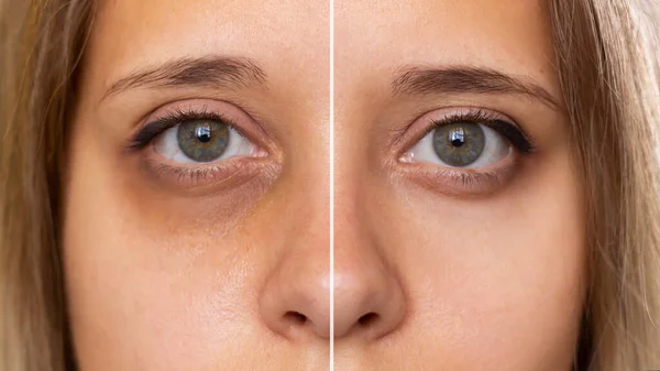 Foto Recortada Una Joven Cara Femenina Con Maquillaje Ojos Verdes — Foto de Stock