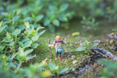 Orman macerası kavramı. Çimenlerde, açık havada, makro çekimde minyatür sırt çantası modeli