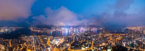 Epicki Widok Lotu Ptaka Sceny Nocnej Victoria Harbour Hong Kong — Zdjęcie stockowe