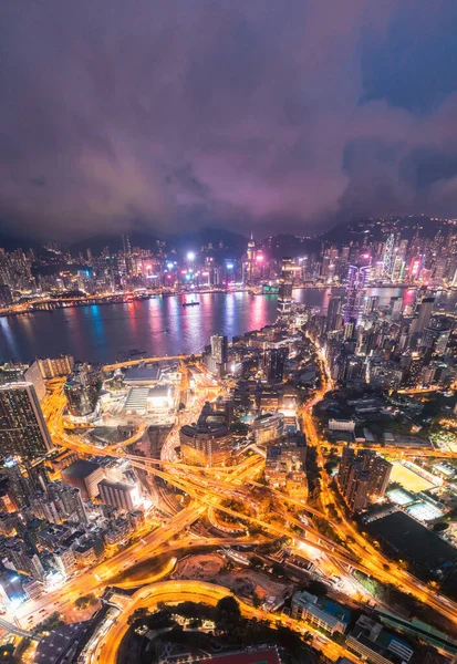 Επική Εναέρια Άποψη Της Νυχτερινής Σκηνής Του Victoria Harbour Χονγκ — Φωτογραφία Αρχείου