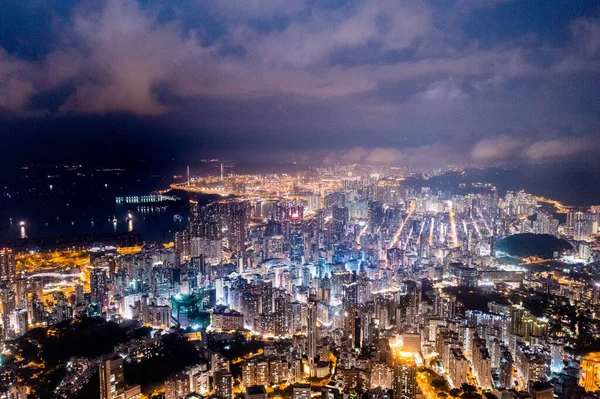 Epicki Widok Lotu Ptaka Sceny Nocnej Victoria Harbour Hong Kong — Zdjęcie stockowe