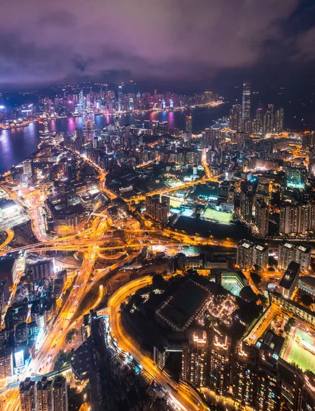 Επική Εναέρια Άποψη Της Νυχτερινής Σκηνής Του Victoria Harbour Χονγκ — Φωτογραφία Αρχείου