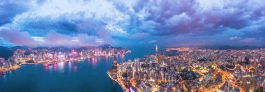 Epic aerial view of cityscape of Hong Kong. Cyberpunk metropolis scene