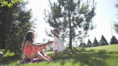 Küçük güzel bir kız ve annesi çimenlerin üzerinde oyuncaklarla oynuyorlar.