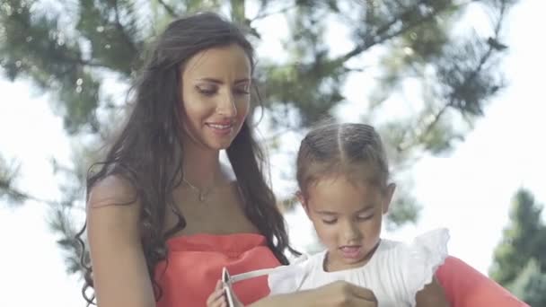Küçük Güzel Bir Kız Annesi Çimenlerin Üzerinde Oyuncaklarla Oynuyorlar — Stok video