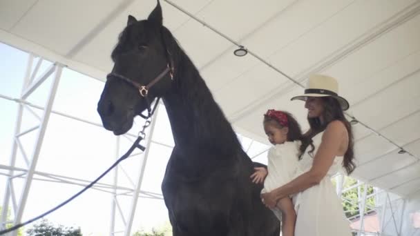 Mała Piękna Dziewczyna Mamą Torze Wyścigowym Czarnym Pięknym Koniem — Wideo stockowe