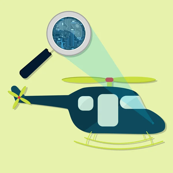 Helicopter, magnifying glass and electronics — Stock Vector
