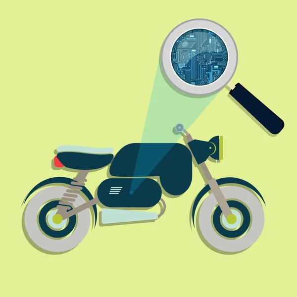 Motorcycle, magnifying glass and electronics — Stock Vector