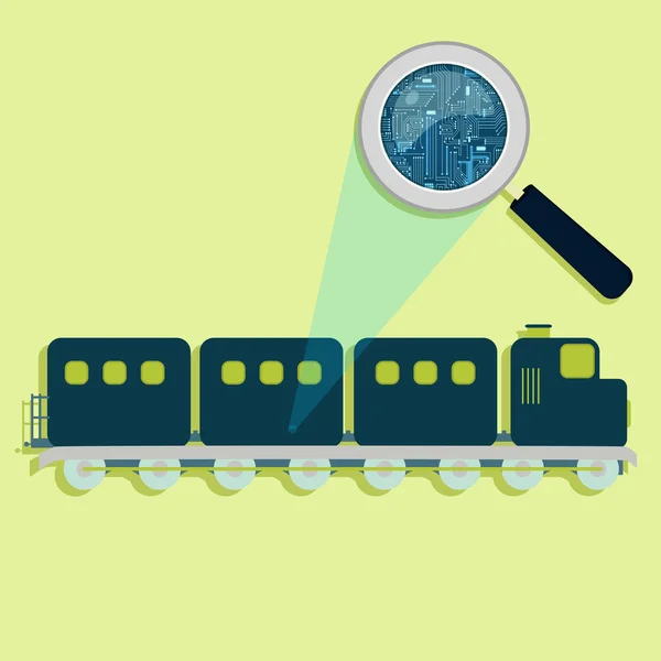 Vlak, zvětšovací sklo a elektroniky — Stockový vektor