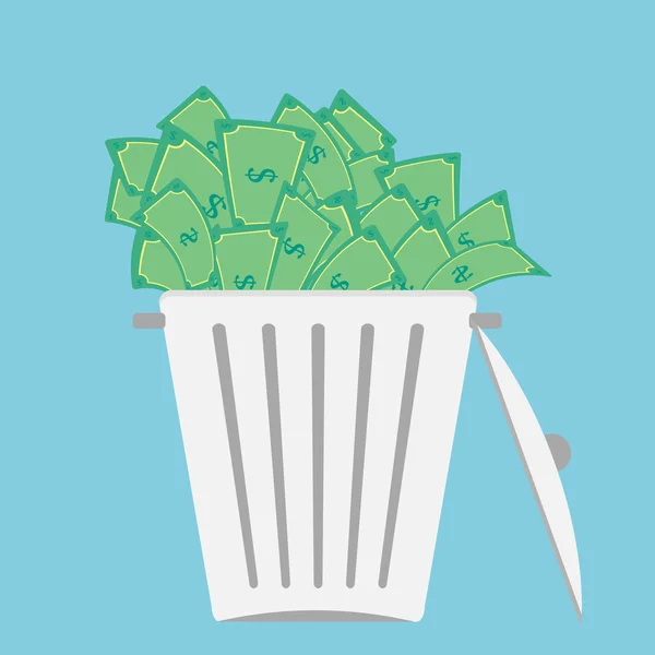 Garbage can full of money — Stock Vector