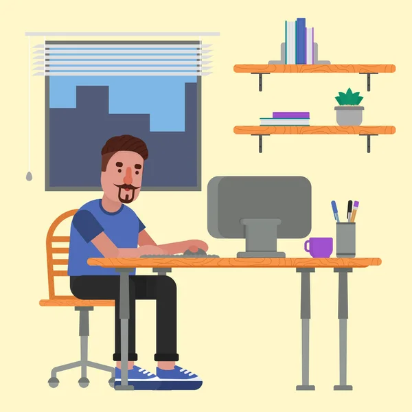 Concentrated Man Working Computer His Office — Stock Vector