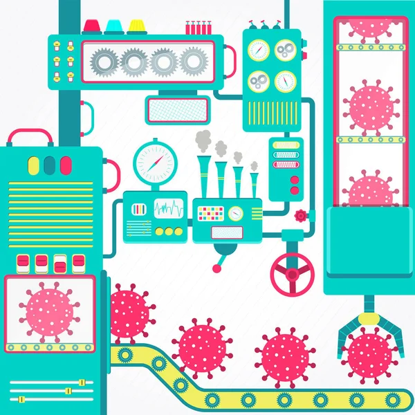 Virus Série Usine Production Usine Virus Avec Des Machines Design — Image vectorielle