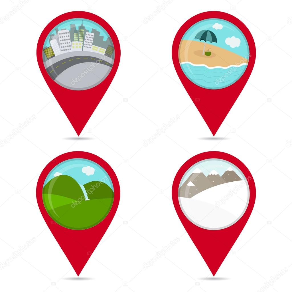 Map pin icons of lanscapes