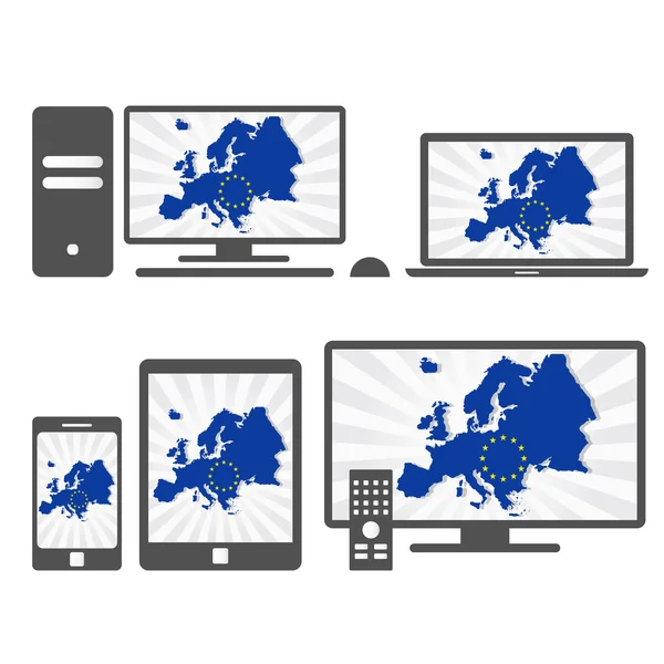 Dispositivos electrónicos con el mapa de Europa — Vector de stock