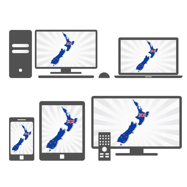 Dispositivos electrónicos con el mapa de Nueva Zelanda — Archivo Imágenes Vectoriales