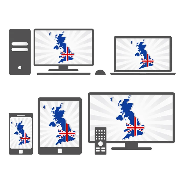 Dispositivos electrónicos con el mapa de Reino Unido — Vector de stock