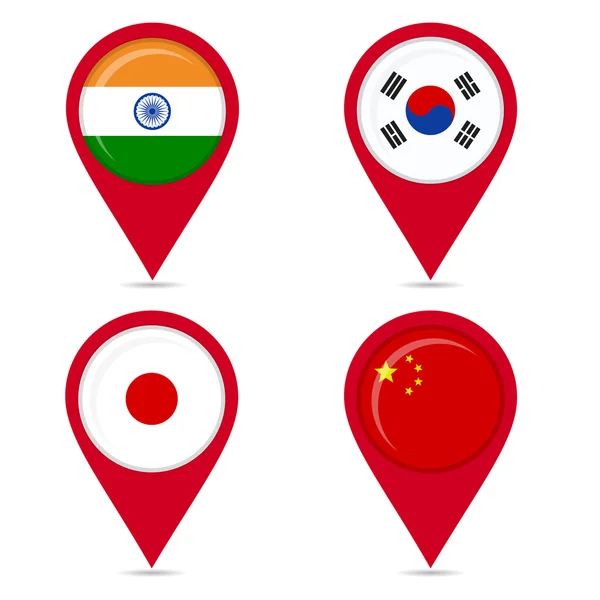 Mapa pin iconos de banderas nacionales de países asiáticos — Vector de stock