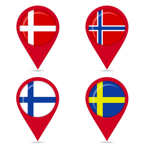 Map pin icons of national flags of Scandinavian countries — Stock Vector