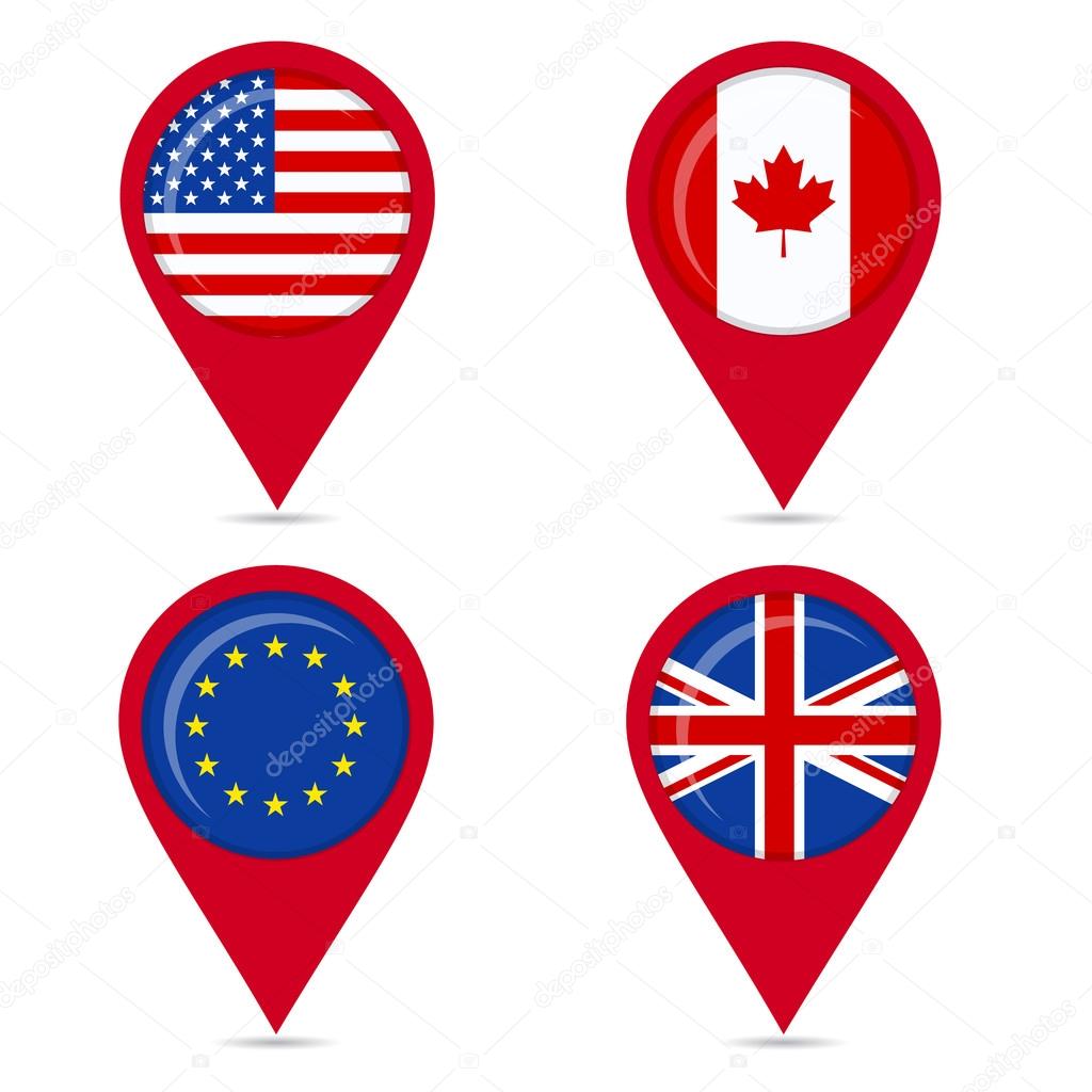 Map pin icons of national flags of Anglo Saxon countries and europe