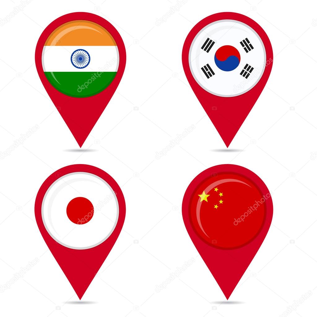 Map pin icons of national flags of asian countries