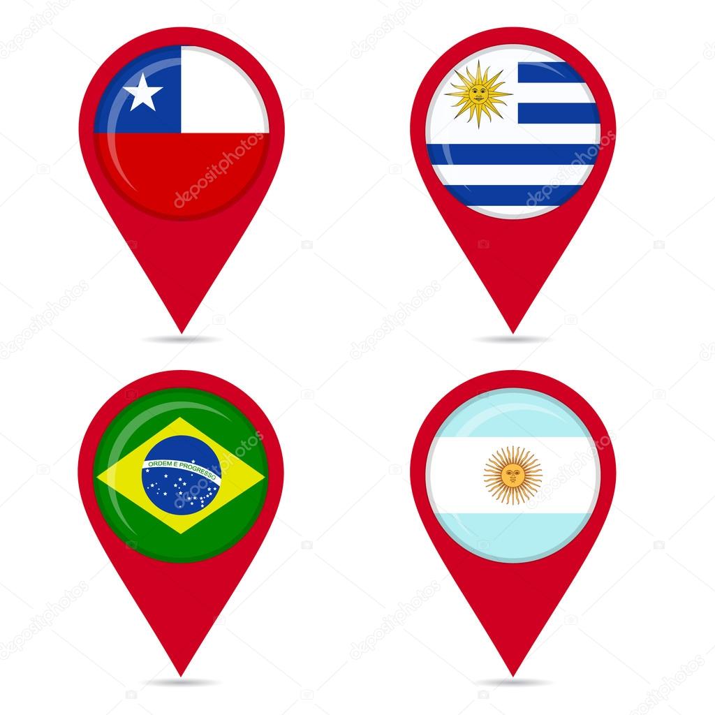 Mapa pin iconos de banderas nacionales de países de América del Sur