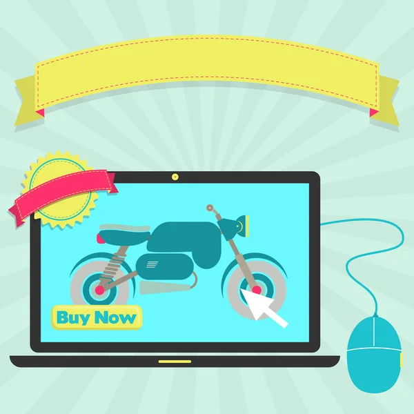 Купить мотоцикл онлайн через ноутбук — стоковый вектор