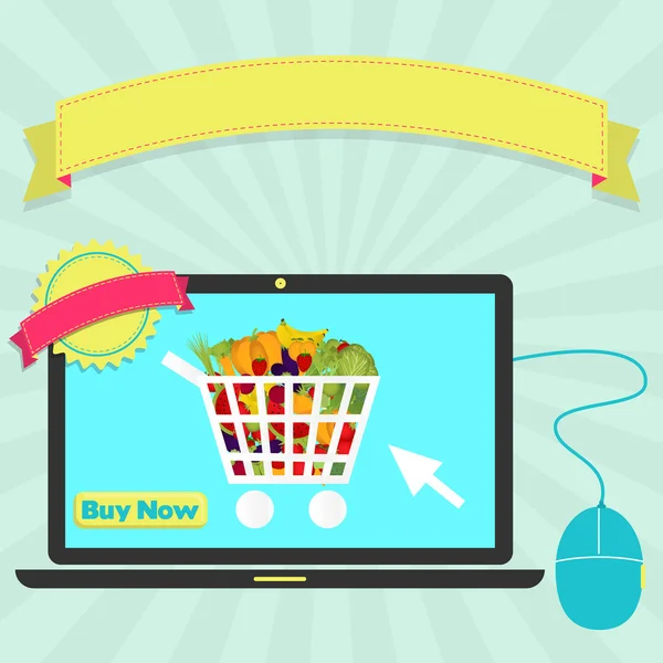 Купити овочі онлайн через ноутбук — стоковий вектор